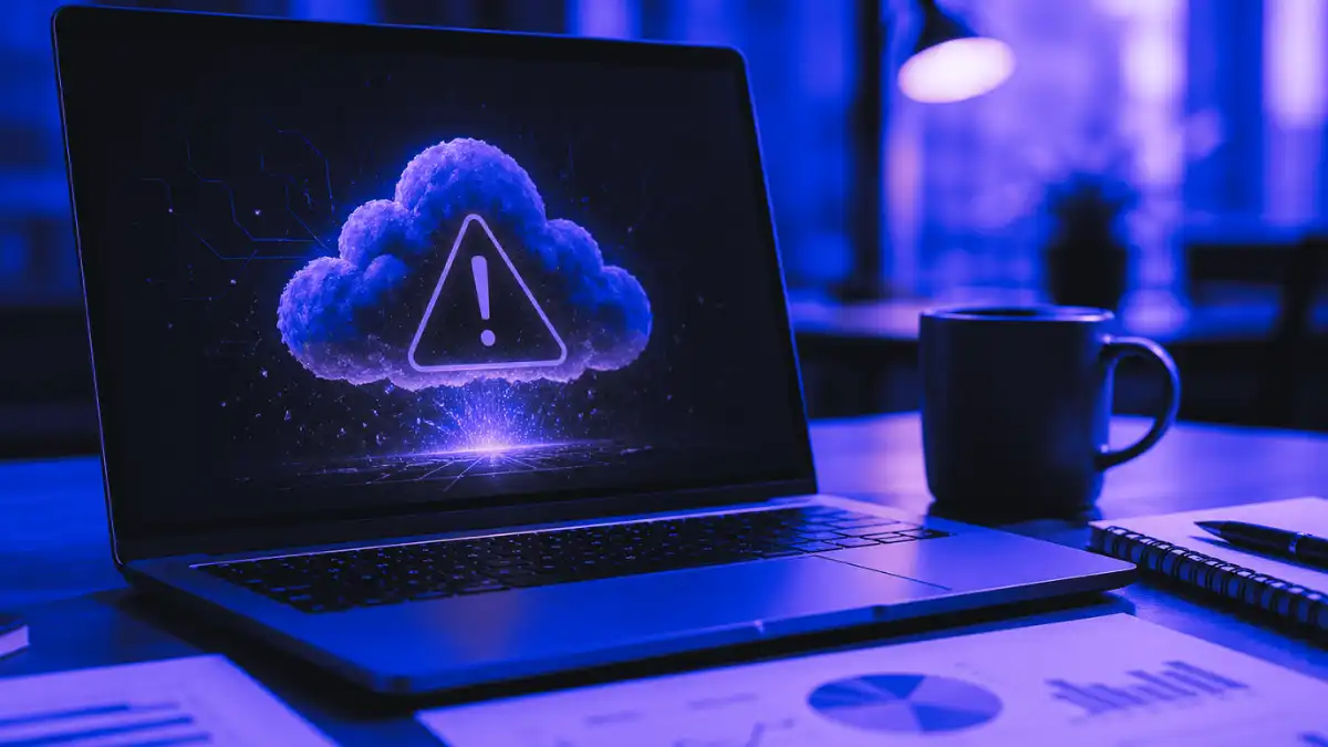 Laptop showing a cloud system error on screen in a modern workspace, representing AI service outage and workflow disruption.