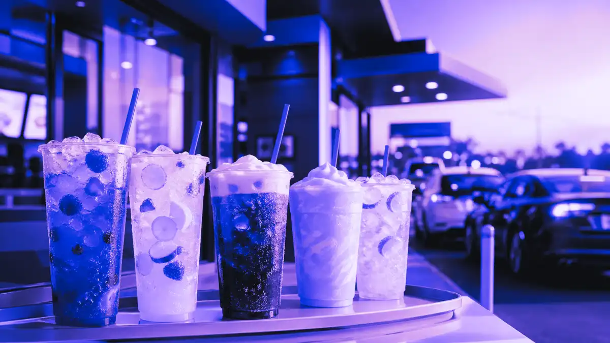 Colorful iced refreshers and crafted sodas on a tray at a fast food drive thru during sunset, representing McDonald’s new drinks and beverage strategy.