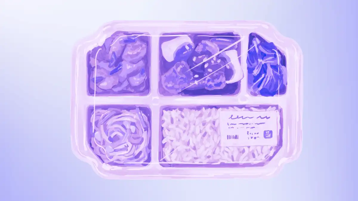 Illustration of a compartmentalized bento box inspired by the Popeyes and One Piece collaboration, showing fried chicken, sides, and a collectible-style packaging design representing anime-themed menu integration