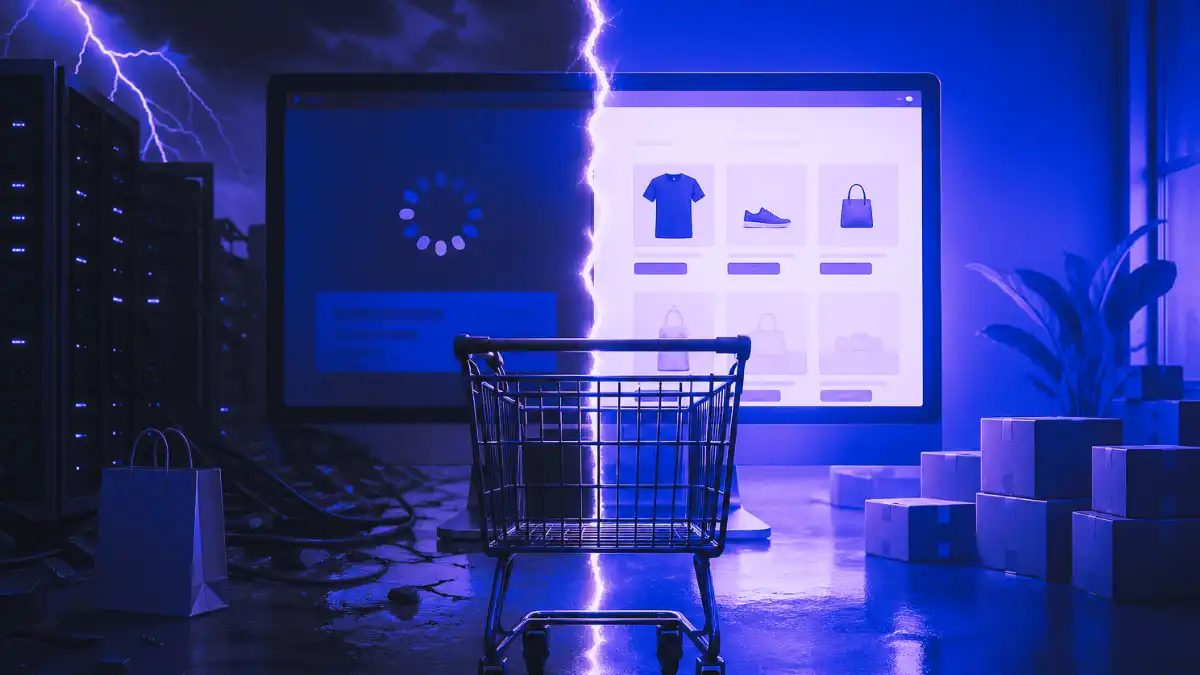 Split scene showing e-commerce checkout failure during a Shopify outage with a broken loading screen on one side and a functioning online store on the other