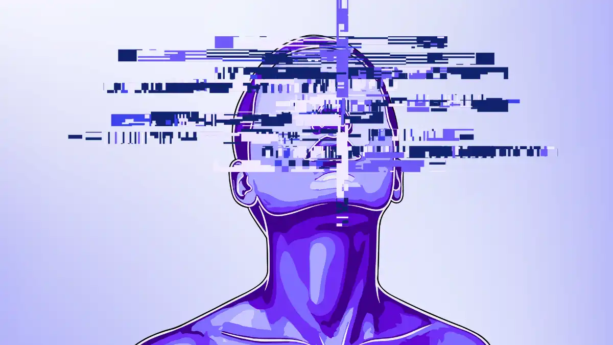 Glitching synthetic human face showing digital distortion and signal interference representing virtual influencer system failure and brand safety vulnerability