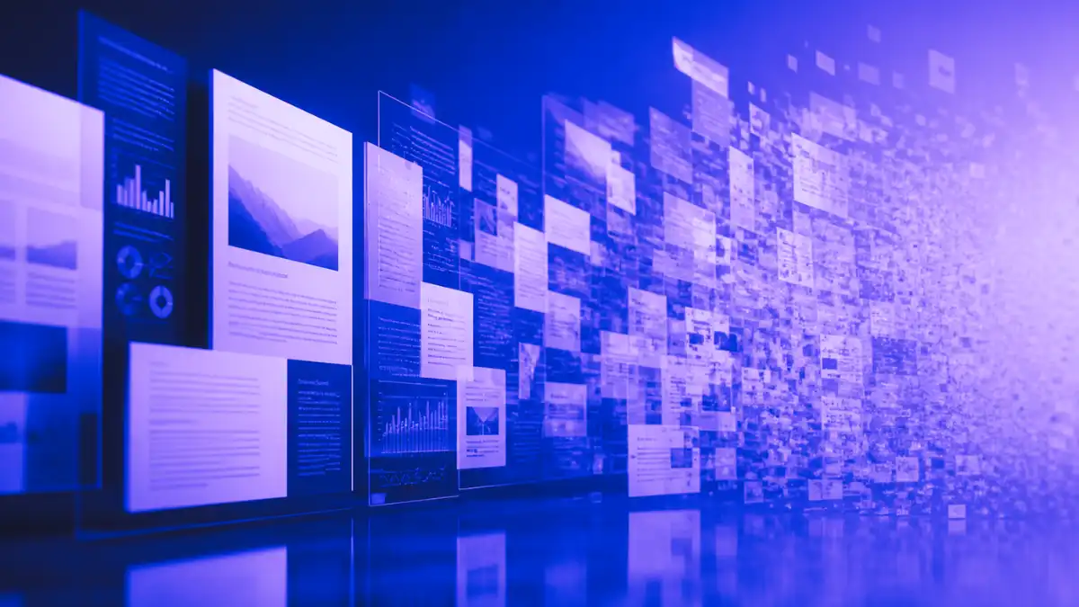 Abstract digital knowledge base dissolving into fragmented content, showing how AI slop weakens brand authority and buyer trust.