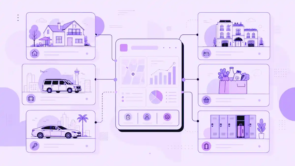 Premium editorial illustration showing a modular travel services platform with connected panels for a home stay, hotel, airport pickup, grocery delivery, luggage storage, and car rental, representing Airbnb’s expansion beyond home rentals.