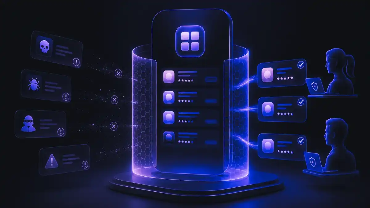 Abstract digital App Store security system showing AI review, human oversight, fraud detection, and platform trust controls protecting app transactions.