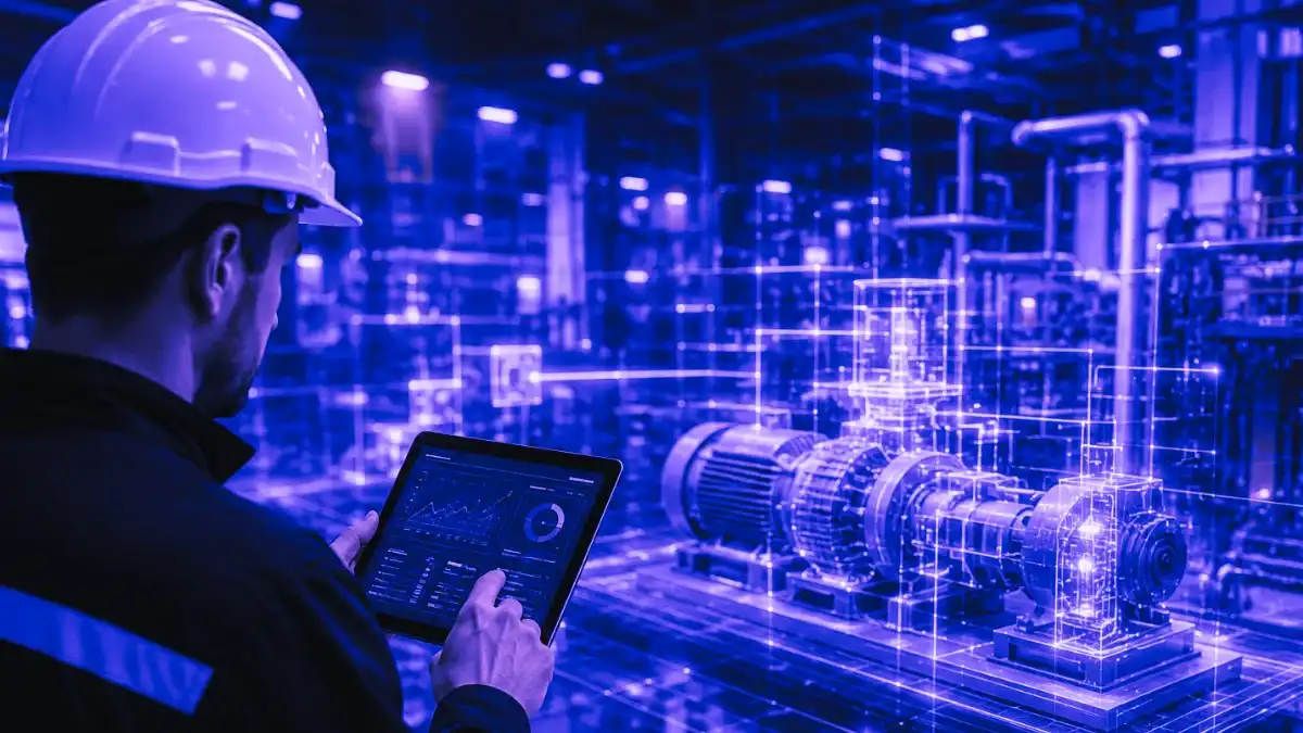 Industrial technician using a tablet to monitor connected machinery with digital asset data overlays inside a modern factory.