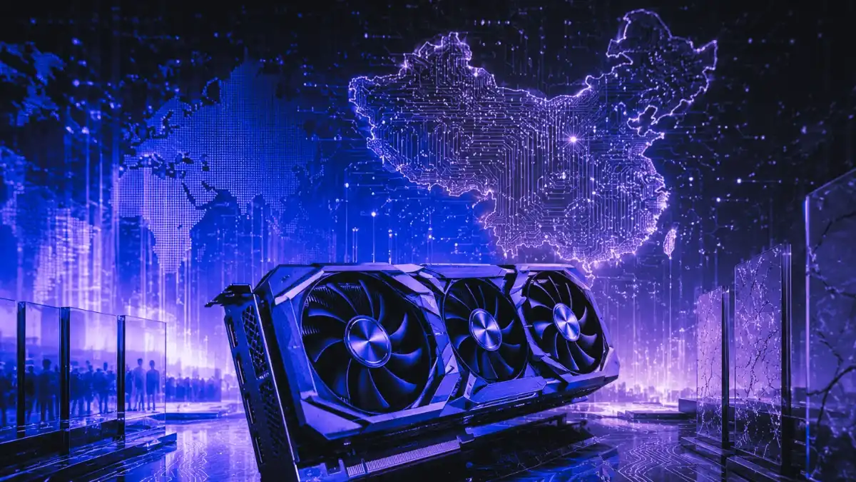 Unbranded gaming GPU in a divided global semiconductor market with China-shaped circuit map, showing how the LX 7G100 sell-out signals access-driven GPU market fragmentation.
