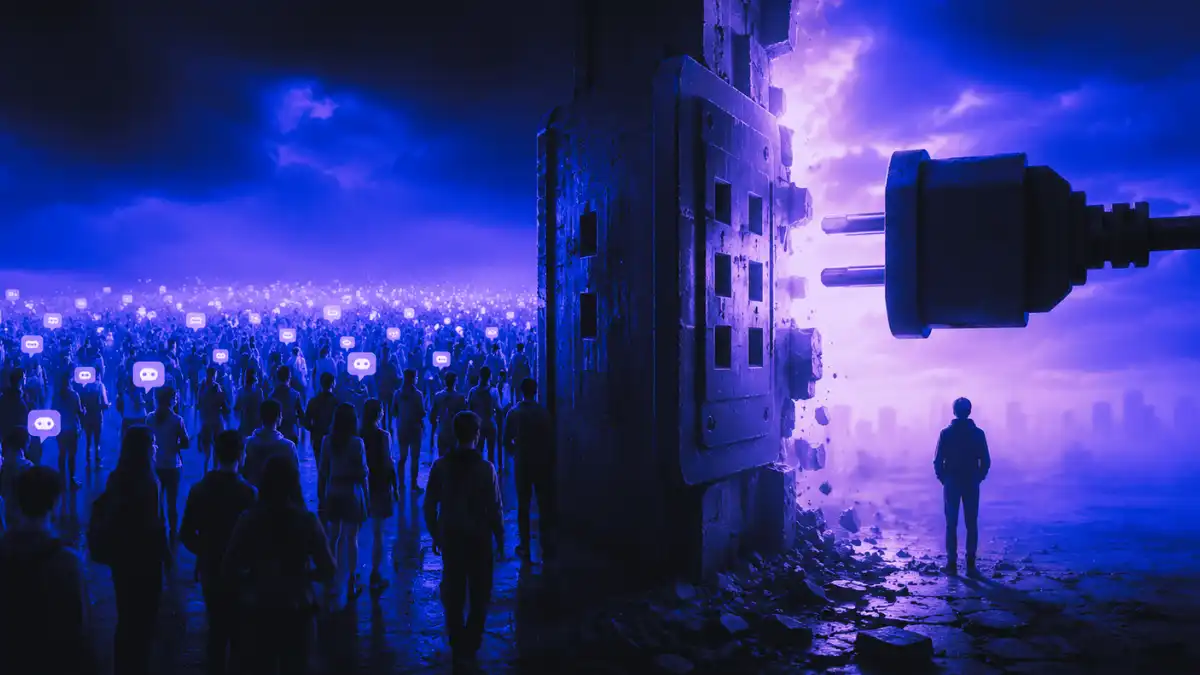 Abstract image showing a large digital crowd separated from a lone figure by a broken plug and socket, symbolizing how a Discord outage can cut brands off from their online communities.