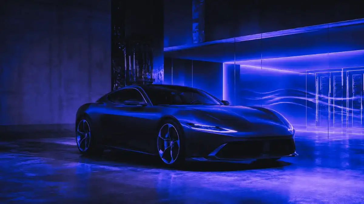 Red luxury electric sports car in a dark futuristic showroom with moody lighting, representing Ferrari Luce EV and the tension between heritage and electrification.