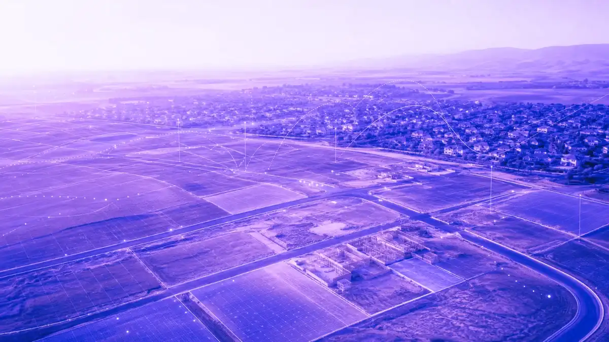 Aerial view of a suburban development pipeline with empty land parcels, construction lots, finished homes, and subtle data-grid overlays representing future housing supply intelligence.