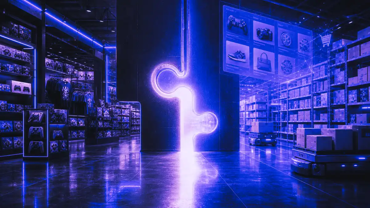 Split scene showing a physical gaming retail store on one side and a digital warehouse marketplace on the other, with a glowing connector in the center symbolizing a potential GameStop and eBay integration.