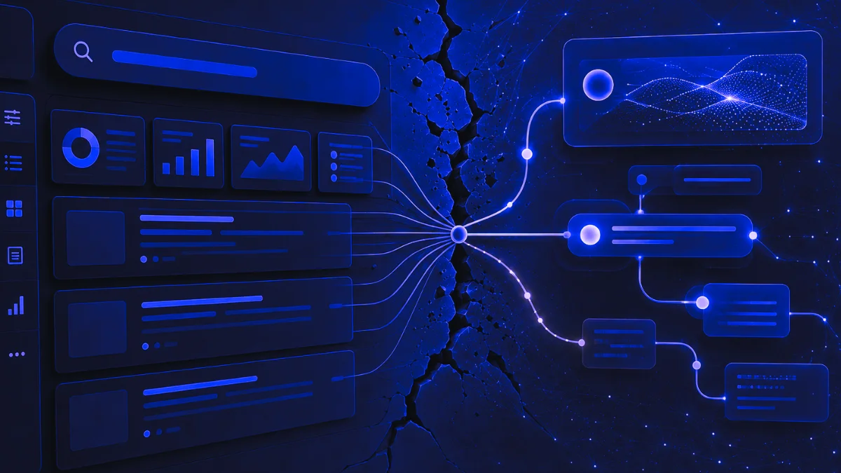 Dark abstract interface showing structured search results breaking into an AI network, symbolizing Google’s Disregard AI Overview glitch and AI search boundary failure.