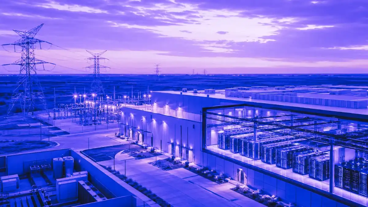 AI data center campus with power transmission lines and server racks representing IREN’s Dell Blackwell deal and AI infrastructure capacity conversion.