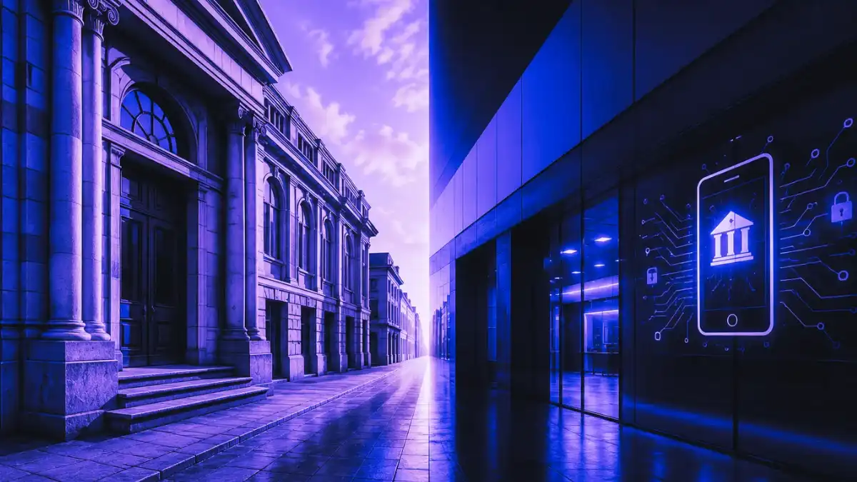 Illustration of a legacy Halifax-style bank branch beside a modern Lloyds digital banking platform, showing how trusted banking brands can become expendable as customer relationships move online.