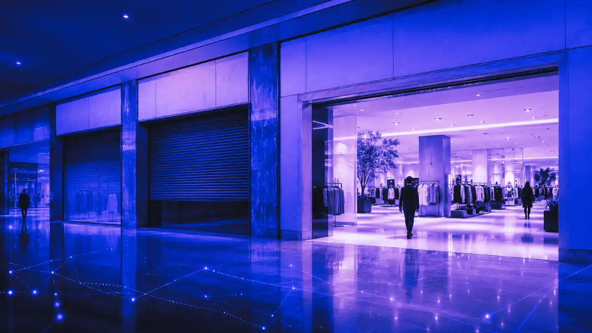 Generic department store corridor with closed storefronts beside one illuminated retail space, symbolizing Macy’s store closures, shifting customer behavior, and the move from physical footprint to selective retail investment.
