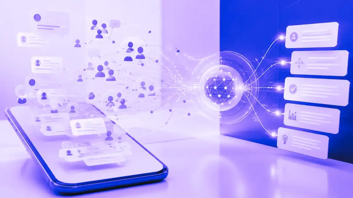 Abstract digital illustration showing community discussion threads flowing from a mobile app into an AI search network, representing Meta Forum and Facebook Groups becoming source material for AI answers.
