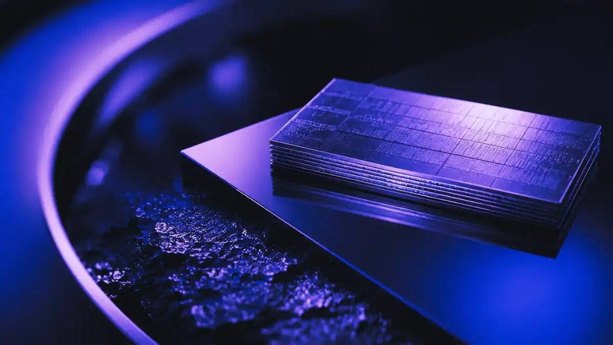 Premium abstract image of a layered gold AI memory chip on a black reflective surface, representing Micron, HBM supply, and the memory bandwidth bottleneck in AI infrastructure.