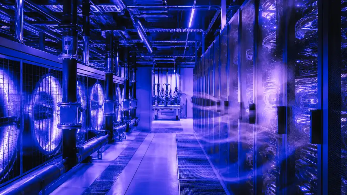 AI data center server racks glowing with heat beside industrial cooling systems, showing how high-density compute is increasing demand for mission-critical thermal infrastructure.