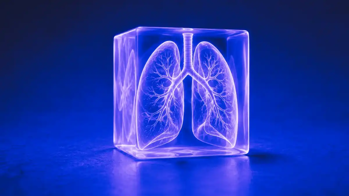 Translucent medical imaging cube with glowing lung scan visualization, representing radiology AI infrastructure and diagnostic imaging technology in the Jardine Matheson I-MED acquisition.