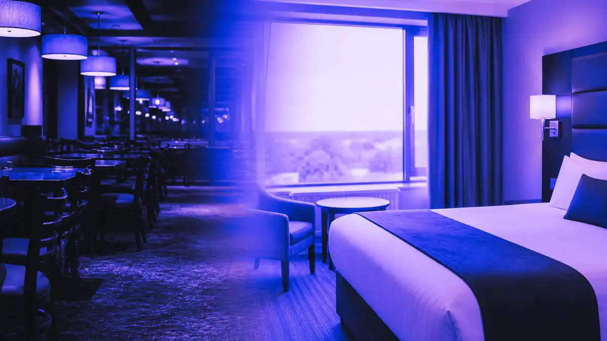 Split scene showing an empty restaurant dining area on one side and a modern hotel room on the other, highlighting the shift from restaurant to hotel-focused hospitality.