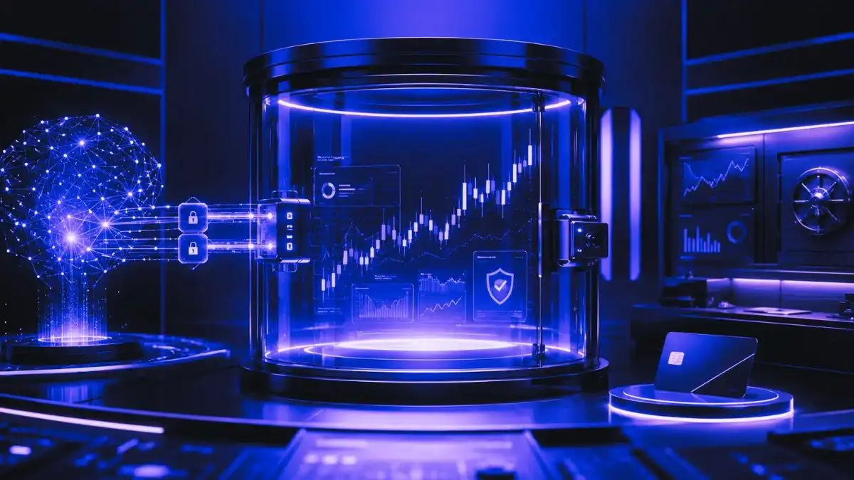 Abstract AI agent connected to a secure trading chamber representing Robinhood Agentic Trading, permissioned stock execution, and controlled financial automation.