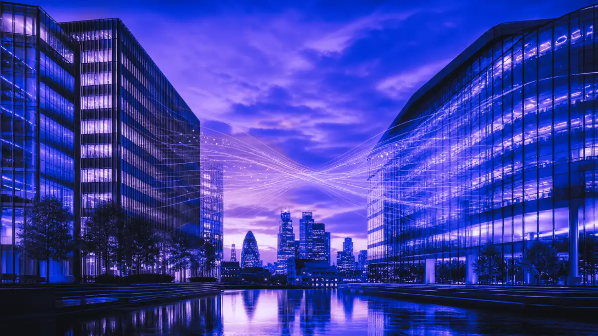 Abstract financial district image showing two modern glass banking buildings connected by flowing digital light trails, representing the Santander TSB acquisition and UK banking integration.