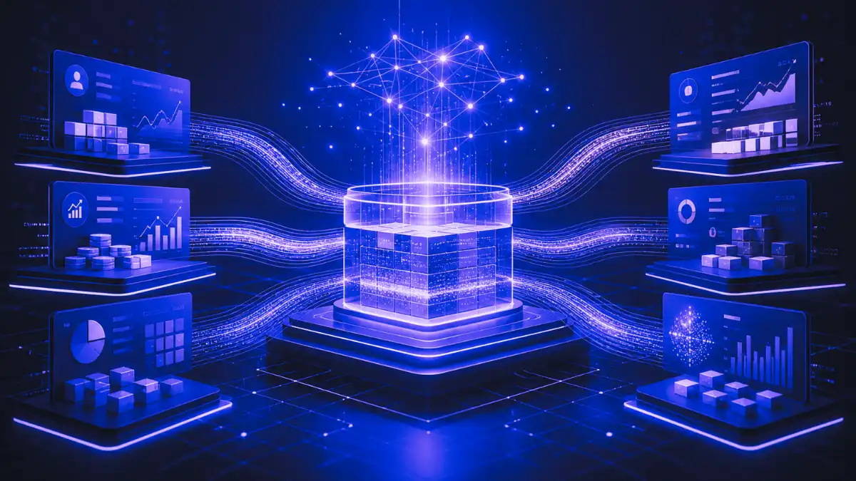 Abstract enterprise data systems flowing into a unified central data foundation, representing the SAP Dremio acquisition and the role of trusted enterprise data in agentic AI.