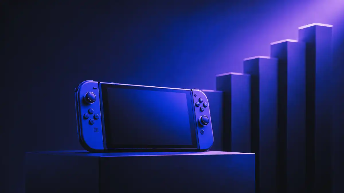 A sleek handheld gaming console displayed on a dark pedestal with rising abstract blocks in the background, symbolizing Nintendo’s Switch 2 price increase, strong demand, and brand pricing power.