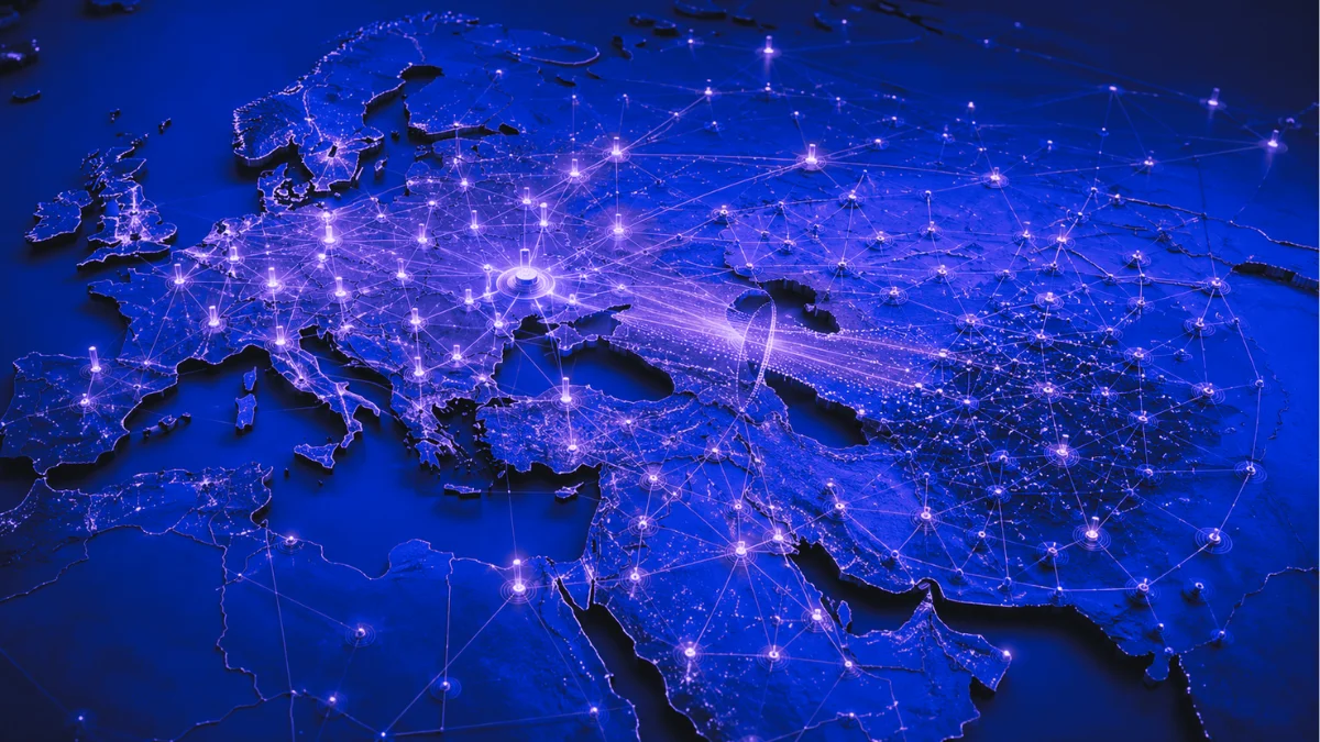 Abstract network map showing connected delivery market hubs across Europe, the Middle East, and Asia, representing Uber’s Delivery Hero offer and platform consolidation pressure.
