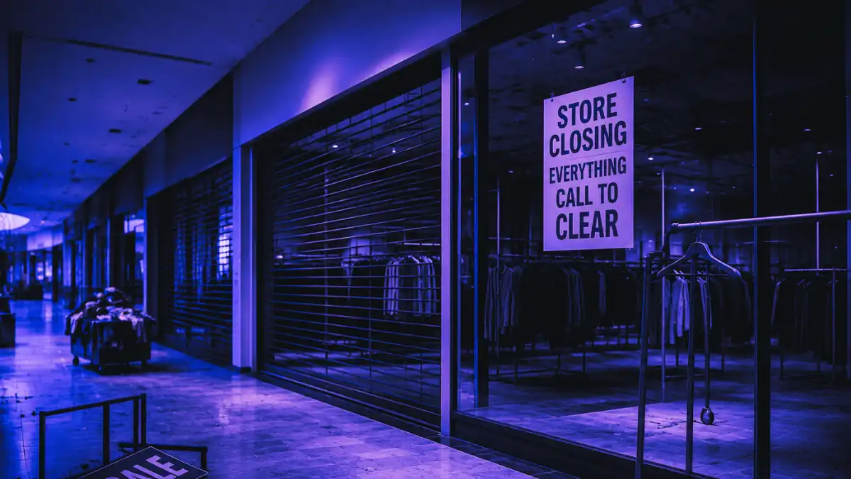 Empty mall storefront with closing signs, shuttered apparel stores, and sale racks showing the impact of middle-market retail liquidation.