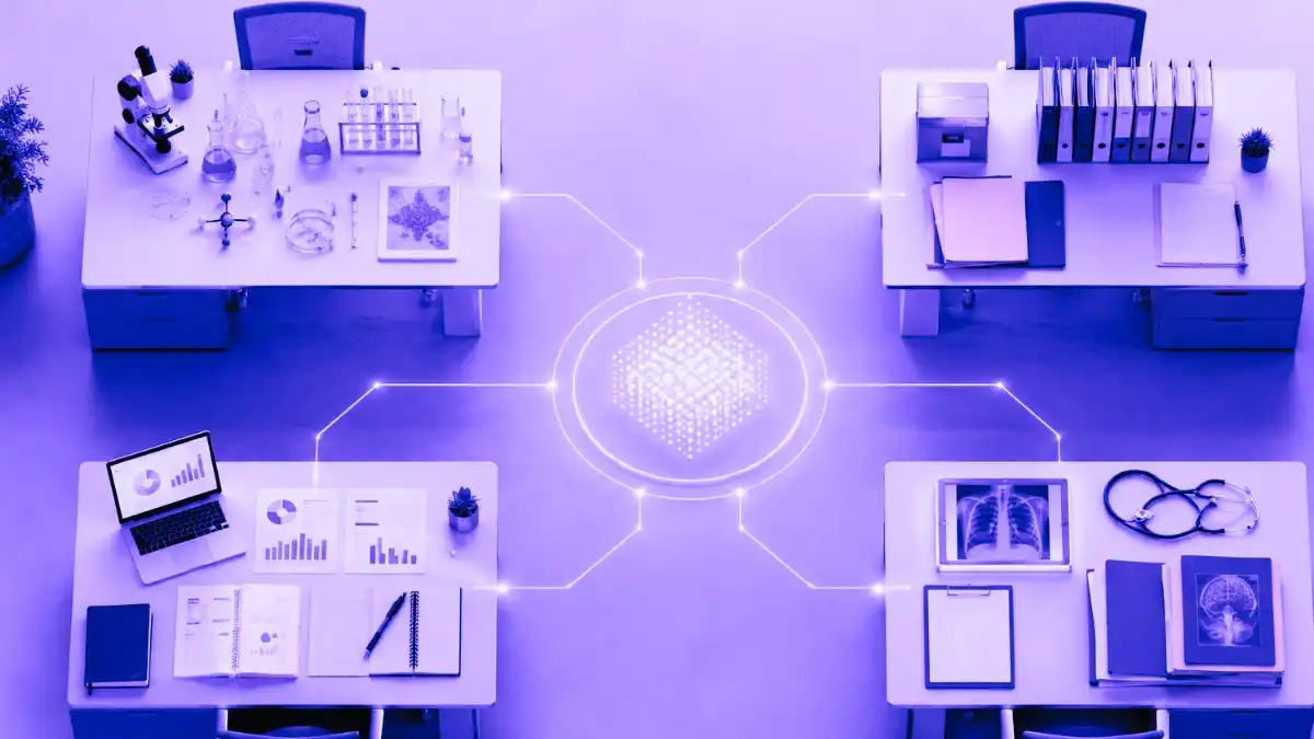 Overhead view of pharma research, documents, charts, and medical folders connected to a central AI hub, illustrating why Bristol Myers Squibb wants 30,000 workers using Claude.