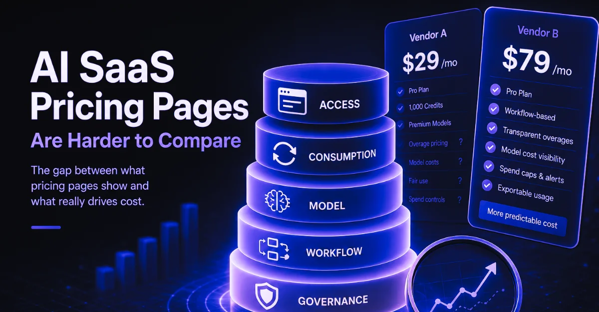 AI SaaS pricing comparison showing layered access, consumption, model, workflow, and governance costs behind pricing pages.