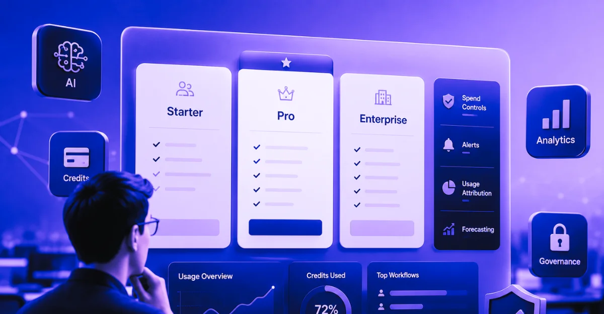 AI SaaS pricing page interface showing usage credits, spend controls, forecasting, and governance signals for buyer evaluation.