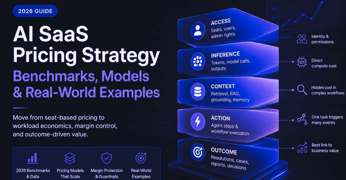 AI SaaS pricing strategy featured image showing pricing layers, benchmarks, workload economics, margin protection, and real-world pricing model examples for 2026.