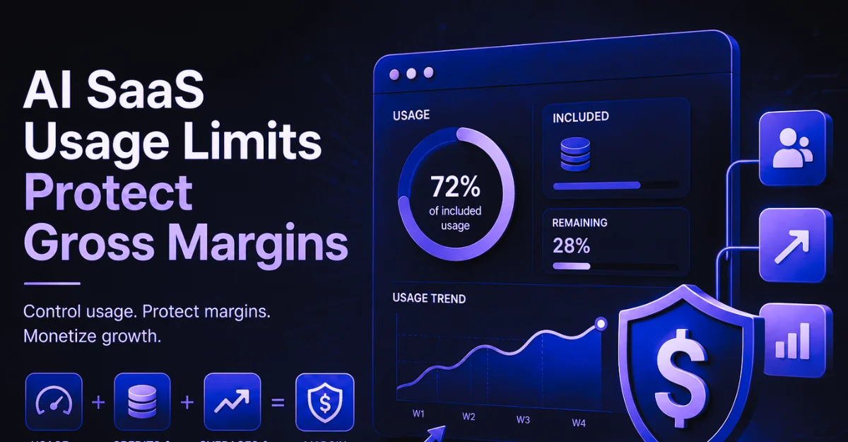 Featured image showing AI SaaS usage limits, credits, overages, and margin protection through a dashboard and shield visual.