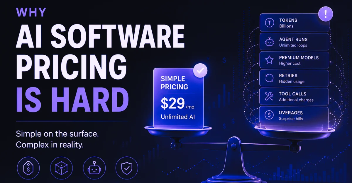 Featured image showing AI software pricing complexity, with simple pricing balanced against tokens, agent runs, premium models, retries, tool calls, and overages.