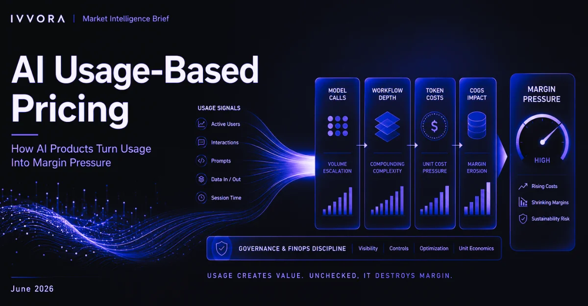 IVVORA market intelligence featured image showing AI usage signals flowing into model calls, token costs, COGS impact, and margin pressure for AI usage-based pricing.